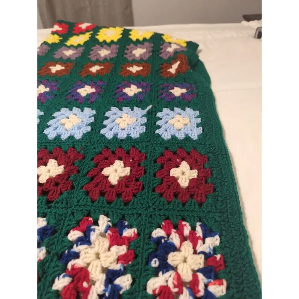 VTG 70s Afghan Hand‎ Crocheted Granny Square Multi-Color Throw Blanket Roseanne